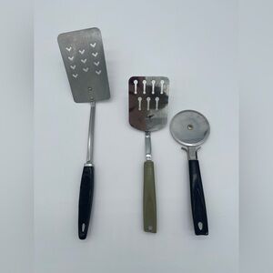 3 Vtg Ekco Short Slotted Chromium 10” Spatula 14” Stainless Steel & Pizza Cutter